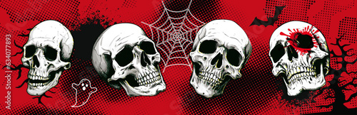 Carta da parati Set of Gothic Romantic Human Skulls: Isolated against a red backdrop, these intr