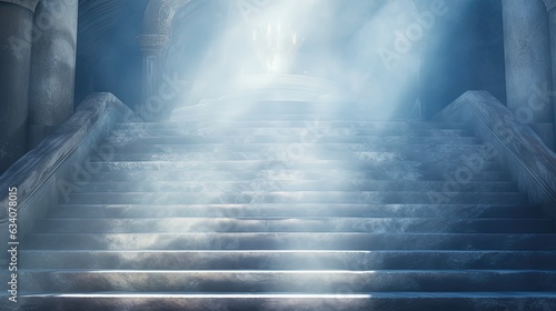 beautiful ancient marble staircase in art deco style, with dry ice mist flowing down the stairs, gateway to heaven
