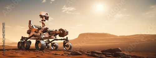 The rover explores the surface of Mars, copy space. Created using Generative AI technology.