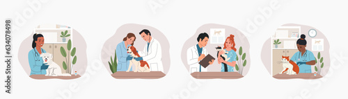 Pet veterinary clinic. Veterinary doctors with animals. Vector flat cartoon illustration photo