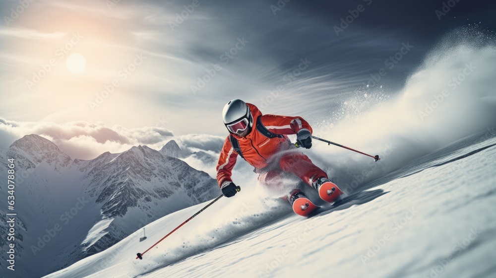 Professional skier showed a graceful gliding posture on the snow mountain