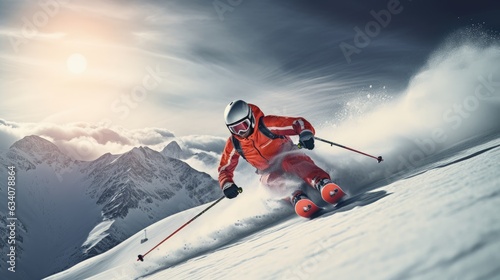 Professional skier showed a graceful gliding posture on the snow mountain © medienvirus