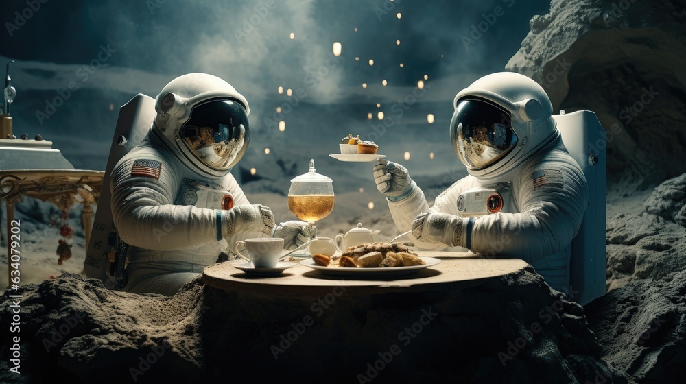 breakfast in a luxury hotel on the moon - obrazy, fototapety, plakaty 