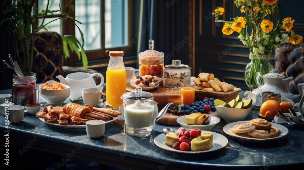 breakfast spread in a luxury hotel restaurant breakfast spread in a luxury hotel restaurant