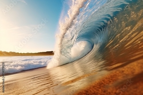 Fototapeta Naklejka Na Ścianę i Meble -  Ocean wave breaking on sandy beach at sunset. 
