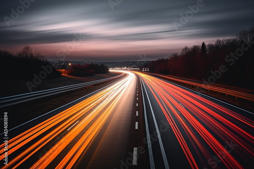 Abstract colorful long exposure image of car headlights traveling on a highway at night. Beautiful night view of a big city with shining scenery in the background.