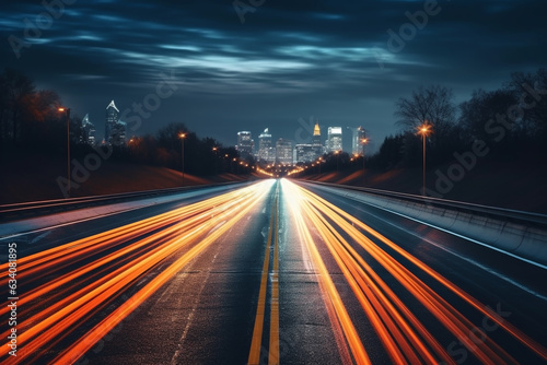Abstract colorful long exposure image of car headlights traveling on a highway at night. Beautiful night view of a big city with shining scenery in the background.