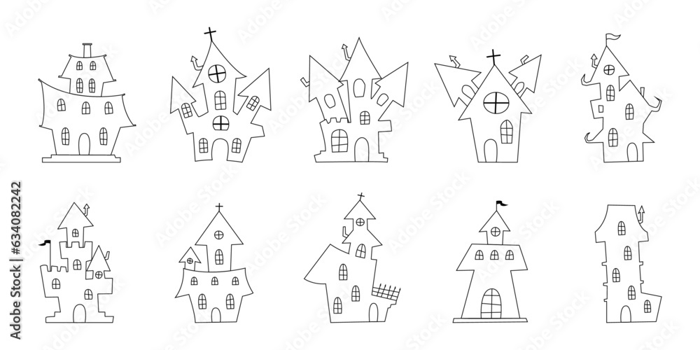Set of  Line art Haunted House. scary Halloween house collection