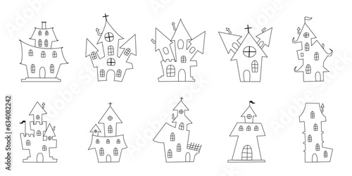 Set of Line art Haunted House. scary Halloween house collection