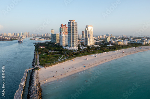 Aerial view of South Beach and South Pointe Park in Miami Beach, Florida at sunrise on calm clear summer morning.