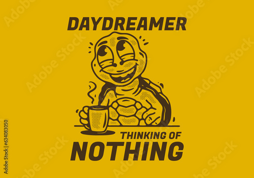 Daydreamer thinking of nothing, mascot character of turtle drink a coffee while daydreaming