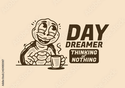 Daydreamer thinking of nothing, mascot character of turtle drink a coffee while daydreaming