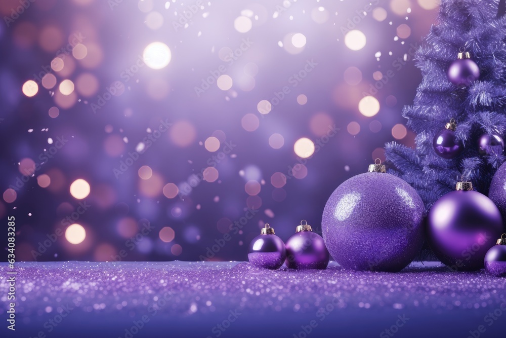 Fototapeta premium Happy New Year! Purple christmas background with bokeh lights and christmas tree, New Year or x-mas purple banner bokeh background with room for text