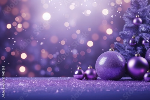 Happy New Year! Purple christmas background with bokeh lights and christmas tree, New Year or  x-mas purple banner bokeh background with room for text