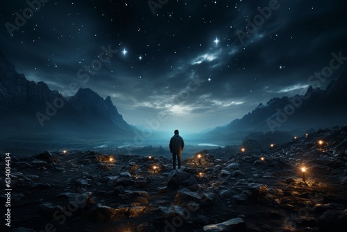 Beneath the cinematic expanse of a starry night sky, a lone observer stands, dwarfed yet connected, as they seek communion with the infinite cosmos.