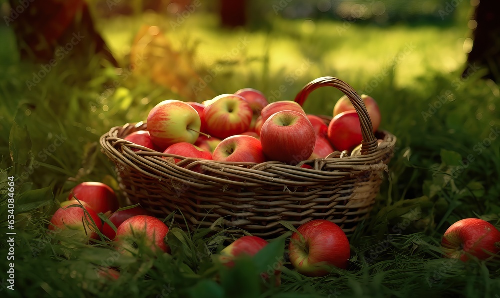 Ripe Red Apples in Wicker Basket - Orchard Harvest Ripe Red Apples in Wicker Basket - Orchard Harvest