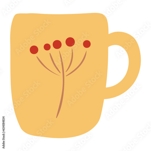 Mug cup with berries print hand drawn cartoon illustration. Flat style design, isolated vector. Autumn, fall print element, tableware, pottery, teaware, coffeeware, kitchen