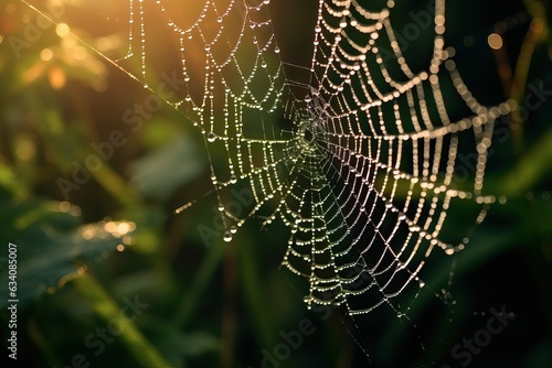 Dew-Dropped Web Glistening in Morning Sunlight