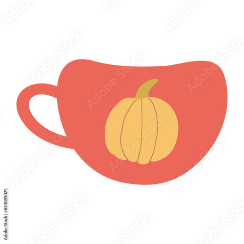 Tea cup with pumpkin print hand drawn cartoon illustration. Flat style design, isolated vector. Autumn, fall print element, tableware, pottery, teaware, coffeeware, kitchen photo