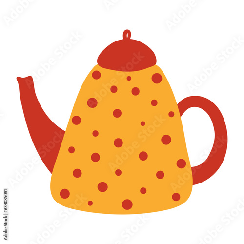 Tea, coffee pot with polka dots pattern hand drawn cartoon illustration. Flat style design, isolated vector. Autumn, fall print element, tableware, pottery, teaware, coffeeware, kitchen