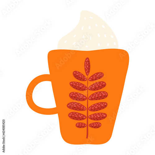 Mug cup with whipped cream hand drawn cartoon illustration. Flat style design, isolated vector. Kids autumn, fall print element, seasonal hot drink, coffee, cocoa, chocolate, beverage