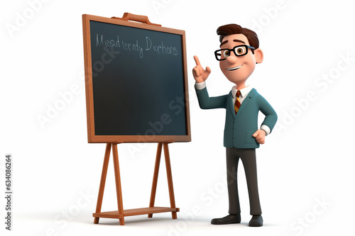 Funny 3D teacher character with blackboard isolated on white background. Generative AI.
