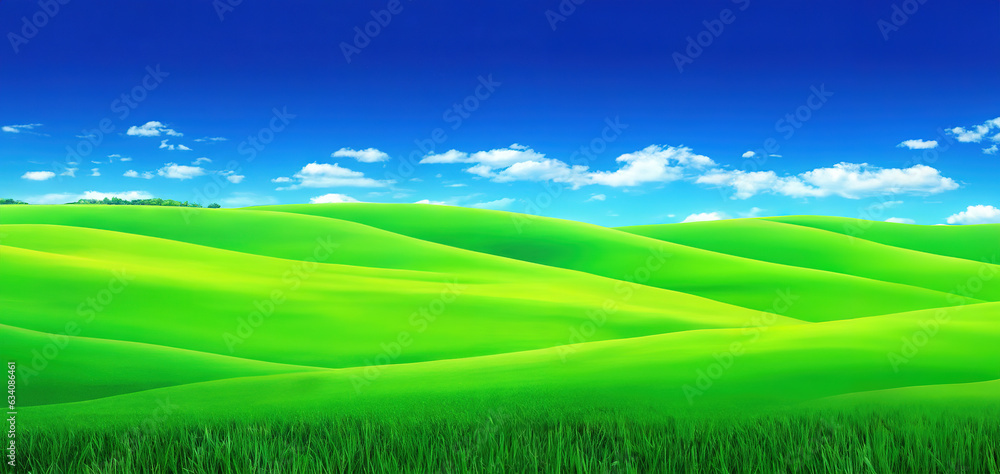 Obraz premium Beautiful natural scenic panorama green field of cut grass into and blue sky with clouds on horizon. Perfect green lawn on summer sunny day 