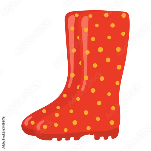 Red rubber, wellington boots with yellow polka dots pattern hand drawn cartoon illustration. Flat style design, isolated vector. Kids autumn, fall print element, rain, rainy day footwear, fashion