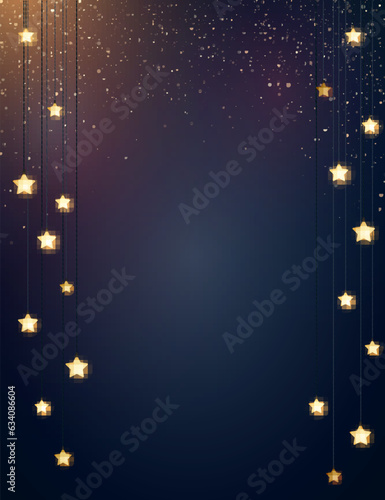 Dark blue Christmas background with gold glitter particles and glowing star shape light bulbs. Vector illustration.