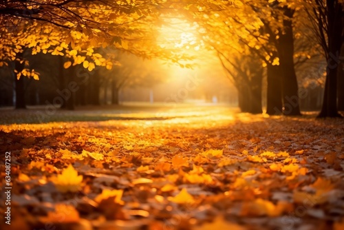 Beautiful Autumn park with yellow leaves and sun. Falling leaves in natural background.