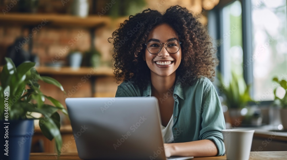 Photo of joyful nice woman using laptop. Beautiful Businesswoman typing on laptop. Generative AI Photo of joyful nice woman using laptop. Beautiful Businesswoman typing on laptop. Generative AI