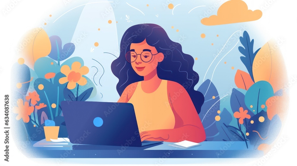Photo of joyful nice woman using laptop. Beautiful Businesswoman typing on laptop. Generative AI Photo of joyful nice woman using laptop. Beautiful Businesswoman typing on laptop. Generative AI
