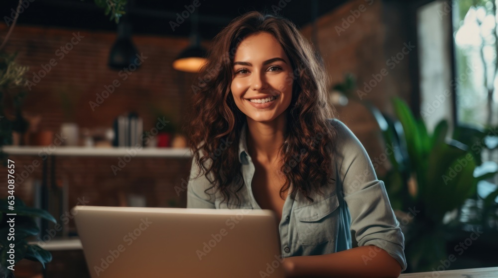 Photo of joyful nice woman using laptop. Beautiful Businesswoman typing on laptop. Generative AI Photo of joyful nice woman using laptop. Beautiful Businesswoman typing on laptop. Generative AI