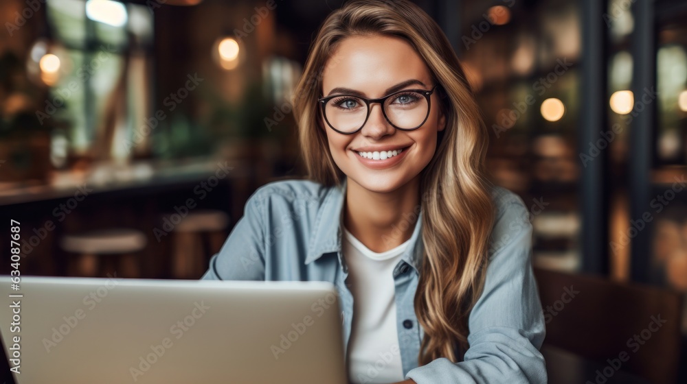 Photo of joyful nice woman using laptop. Beautiful Businesswoman typing on laptop. Generative AI Photo of joyful nice woman using laptop. Beautiful Businesswoman typing on laptop. Generative AI