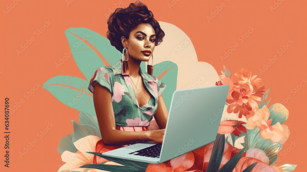 Photo of joyful nice woman using laptop. Beautiful Businesswoman typing on laptop. Generative AI Photo of joyful nice woman using laptop. Beautiful Businesswoman typing on laptop. Generative AI