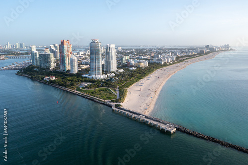 Aerial view of South Beach and South Pointe Park in Miami Beach  Florida at sunrise on calm clear summer morning.