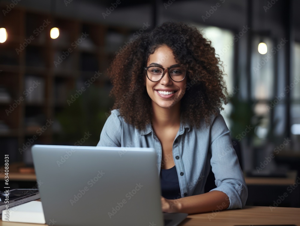 Photo of joyful nice woman using laptop. Beautiful Businesswoman typing on laptop. Generative AI Photo of joyful nice woman using laptop. Beautiful Businesswoman typing on laptop. Generative AI