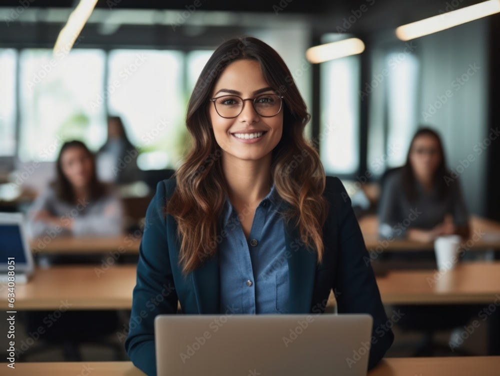 Photo of joyful nice woman using laptop. Beautiful Businesswoman typing on laptop. Generative AI Photo of joyful nice woman using laptop. Beautiful Businesswoman typing on laptop. Generative AI