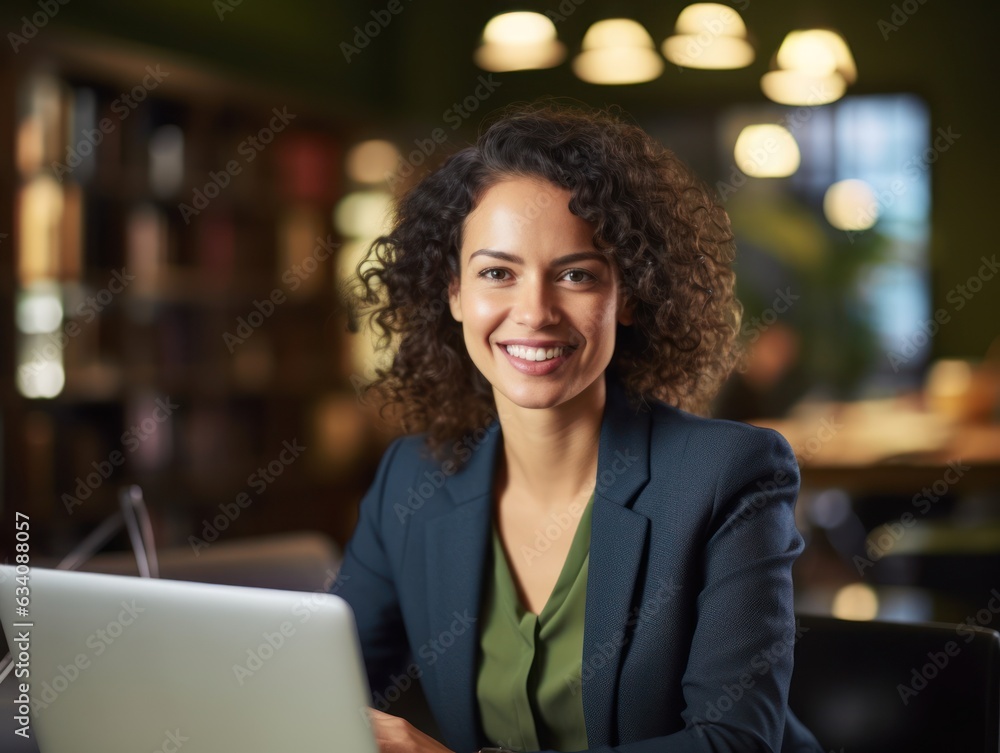 Photo of joyful nice woman using laptop. Beautiful Businesswoman typing on laptop. Generative AI Photo of joyful nice woman using laptop. Beautiful Businesswoman typing on laptop. Generative AI
