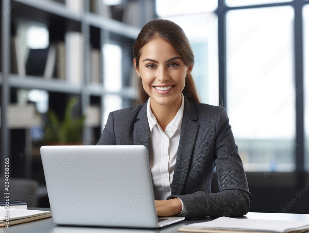 Photo of joyful nice woman using laptop. Beautiful Businesswoman typing on laptop. Generative AI Photo of joyful nice woman using laptop. Beautiful Businesswoman typing on laptop. Generative AI