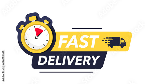 Fast delivery icon. Fast delivery truck with stopwatch. Fast delivery, express and urgent delivery, services, chronometer sign. On time delivery concept, truck and clock, order delivery on time. photo
