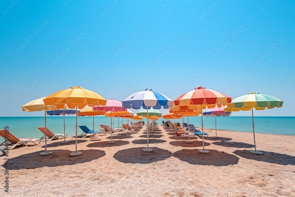 Colorful umbrellas on the sandy beach. Vacation concept