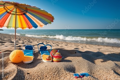 Wallpaper Mural Children's toys on the sand by the sea. Selective focus.. Sunny beach scene with colorful umbrellas and beach. Torontodigital.ca