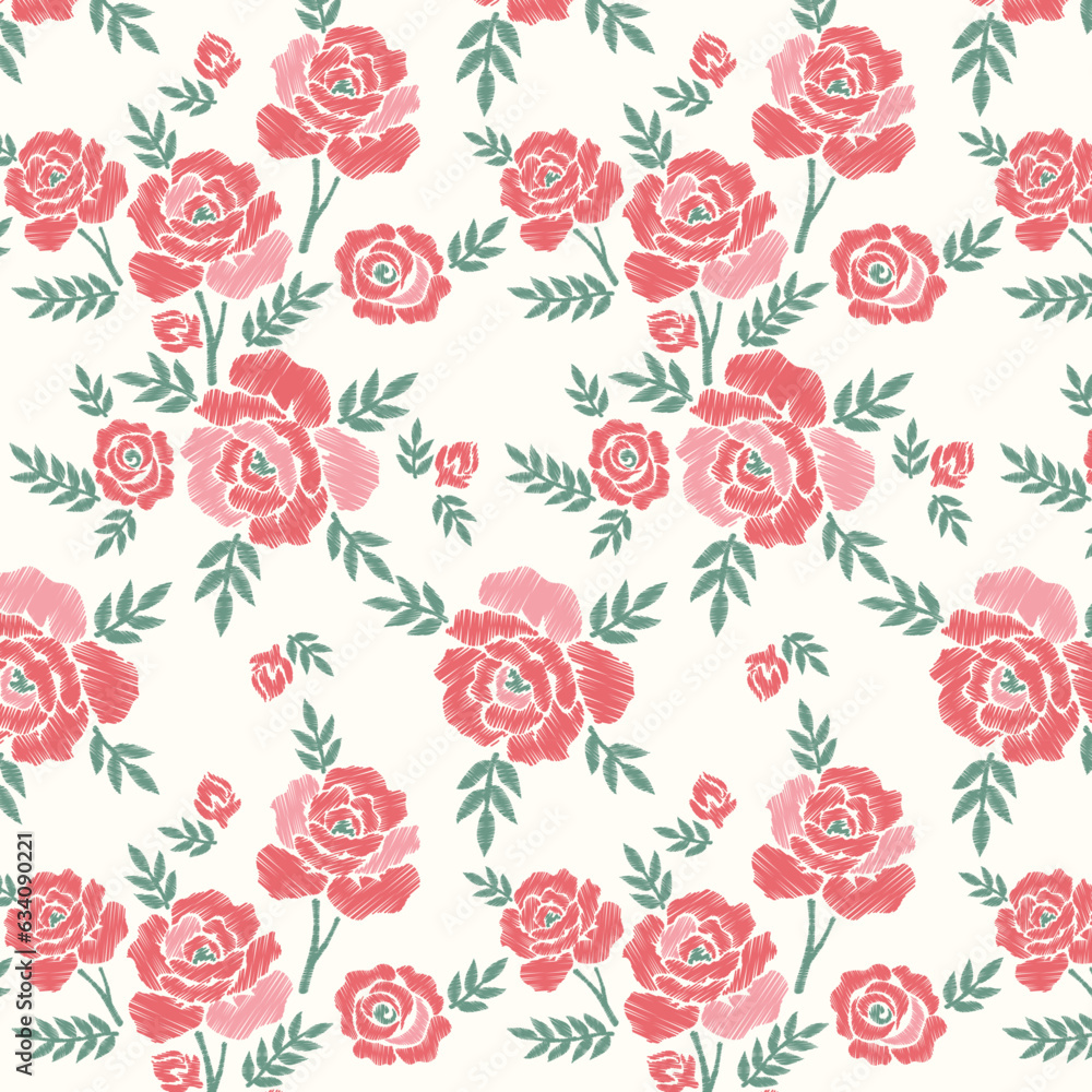 Scribble Pink Red Rose Flower and Green Leaf Garden Allover Seamless Pattern Design Artwork	
