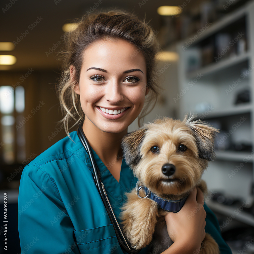 pet health checkup look happy vet doctor stroking smiling dog at veterinary clinic
