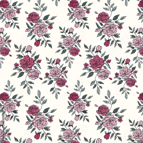 Hand Drawn Pink Rose and Green Leaf Floral Garden Seamless Allover Pattern Design Artwork 