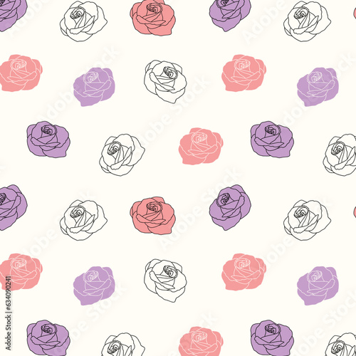 Pink Purple Rose Flower Silhouette Outline Allover Seamless Pattern Design Artwork 
