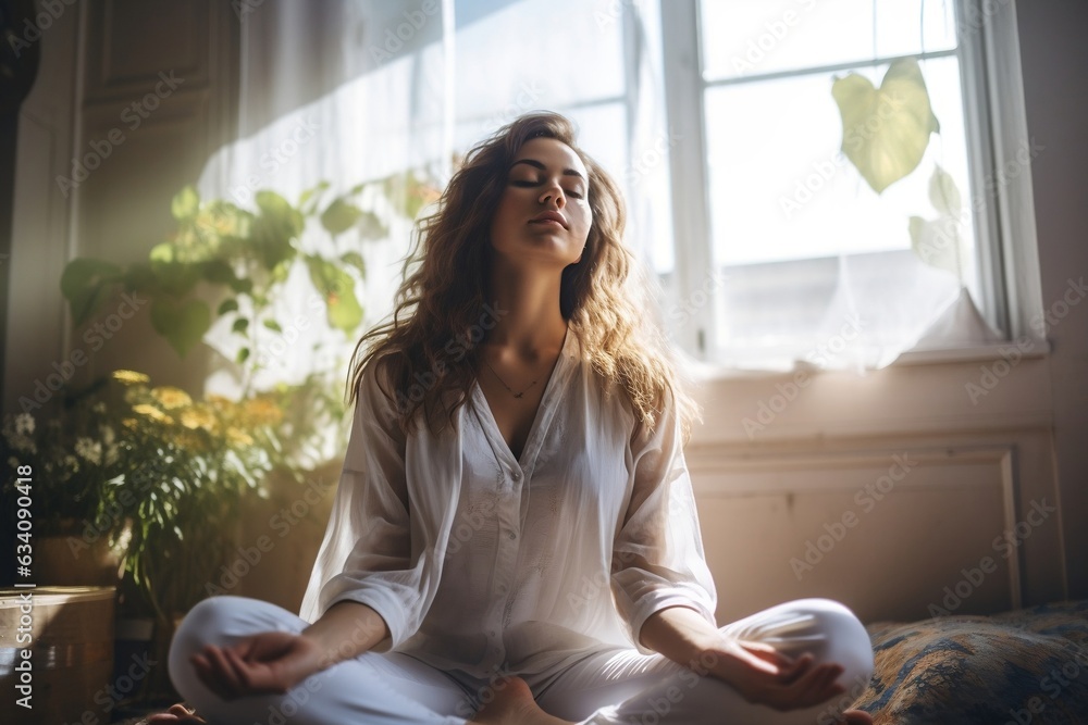 A serene young woman meditating at home, promoting well-being and mindfulness, Generative Ai