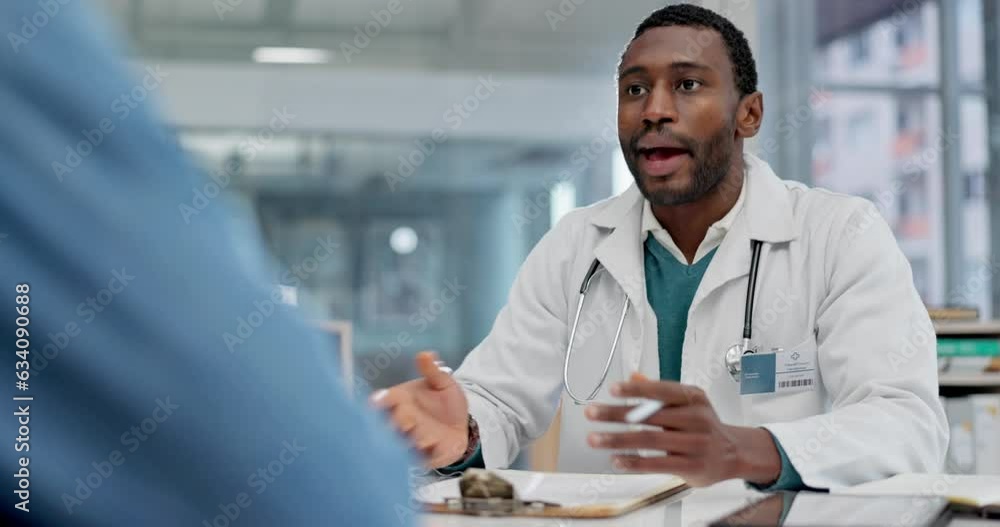 Black man, doctor and consulting patient at hospital for checkup, appointment or consultation. African male person, medical or healthcare professional talking to client for life insurance at clinic Black man, doctor and consulting patient at hospital for checkup, appointment or consultation. African male person, medical or healthcare professional talking to client for life insurance at clinic