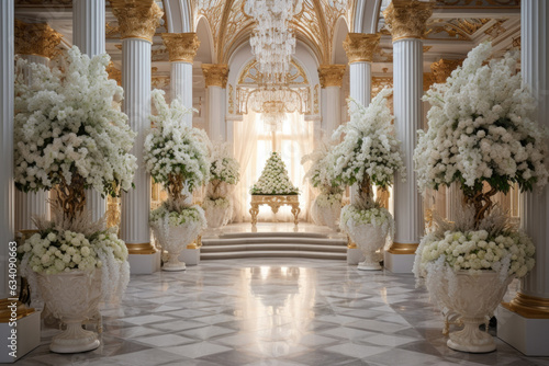 A grand hallway with white marble floors and gold columns. The hallway is decorated with large white flower arrangements in white vases. The flower arrangements are made up of white roses, hydrangeas